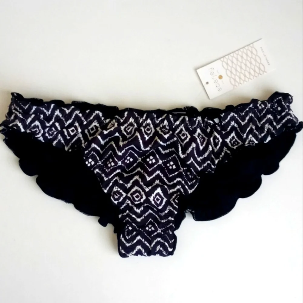 Eberjey Women's Bikini Ruffled Brazilian Sandy Black Zen Stones Nylon Bottom S